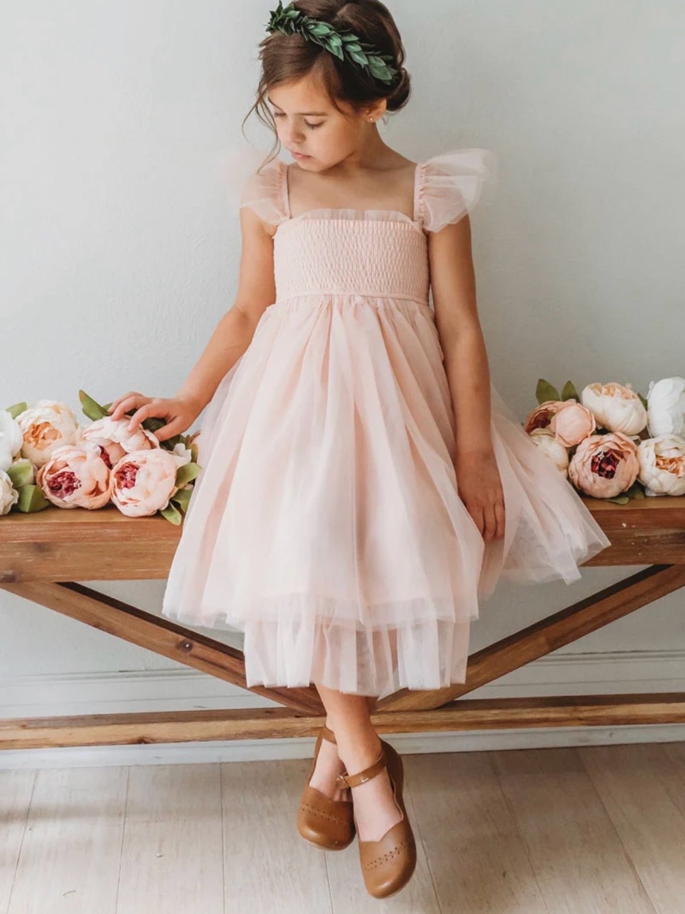 Girls' Pink Tulle Smocked Bodice Formal Dress